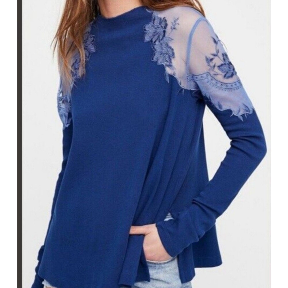 FREE PEOPLE Daniella Long Sleeve Illusion Lace Embroidered Top - Blue  Size XS